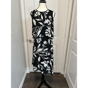 Donna Karan New York Black & White Floral Sleeveless Midi Dress Sz 12 Asymmetric